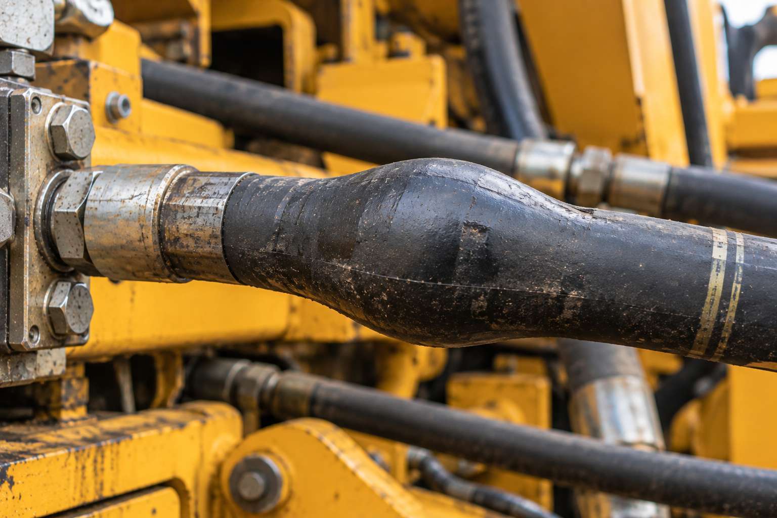 Bulging hydraulic hose requiring immediate inspection