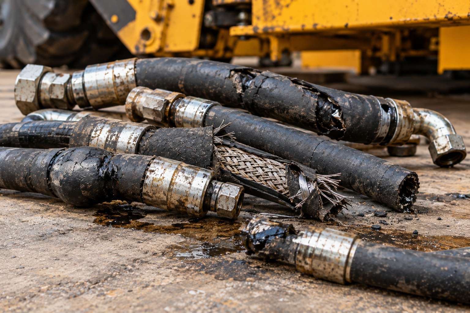 Damaged hydraulic hose showing signs of repeated failure