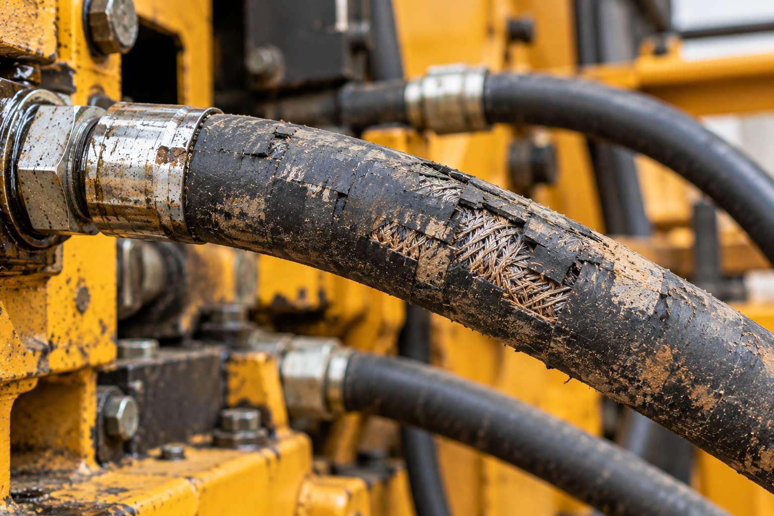 Hydraulic hose showing abrasion and excessive wear